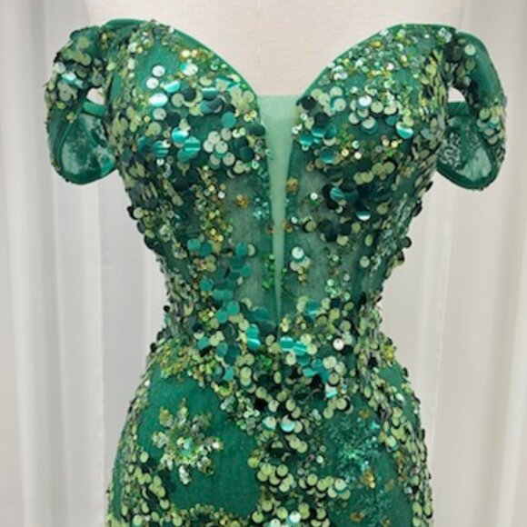 15. Green Spangle Off the Shoulder Mermaid Dress - Picture 2 of 4
